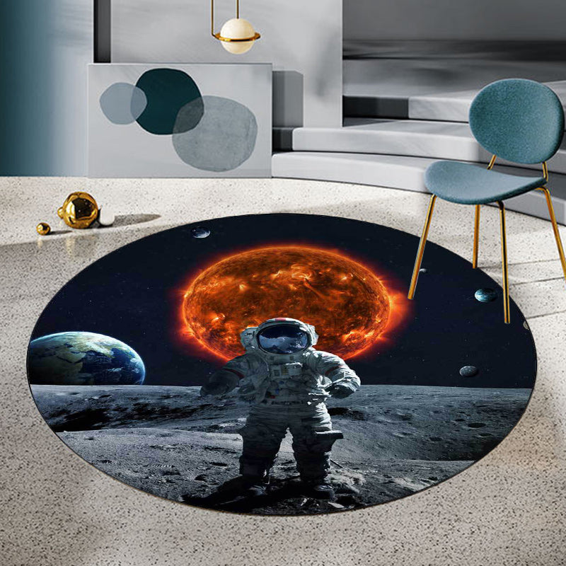 Modern Astronaut Design Area Rug in Black and Gray – Stain Resistant Polyester