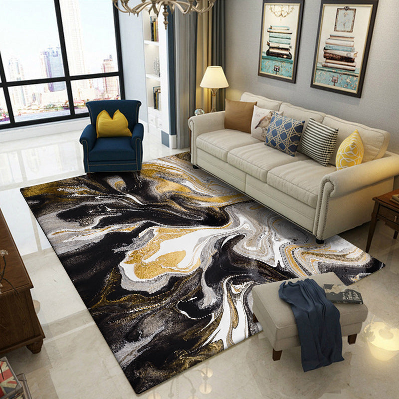 Modern Abstract Marble Pattern Area Rug in Black and Yellow - Washable Polyester, Dirt-Repellent