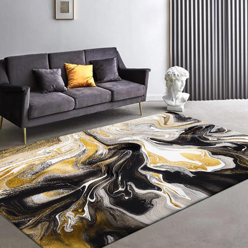Modern Abstract Marble Pattern Area Rug in Black and Yellow - Washable Polyester, Dirt-Repellent