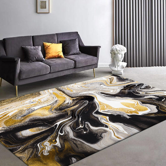 Modern Abstract Marble Pattern Area Rug in Black and Yellow - Washable Polyester, Dirt-Repellent