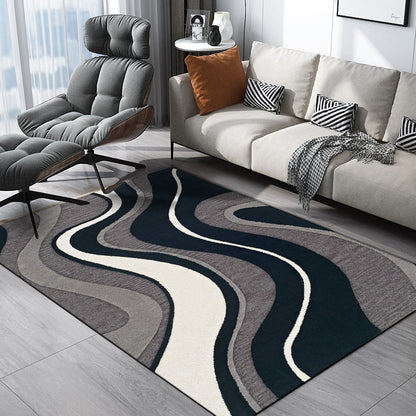 Washable Polyester Bedroom Rug in Black and Gray with Abstract Swirl Design