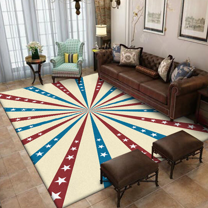 Washable Non-Slip Area Rug with Radial and Star Design in Beige and Blue