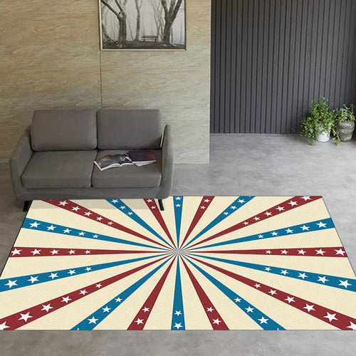 Washable Non-Slip Area Rug with Radial and Star Design in Beige and Blue