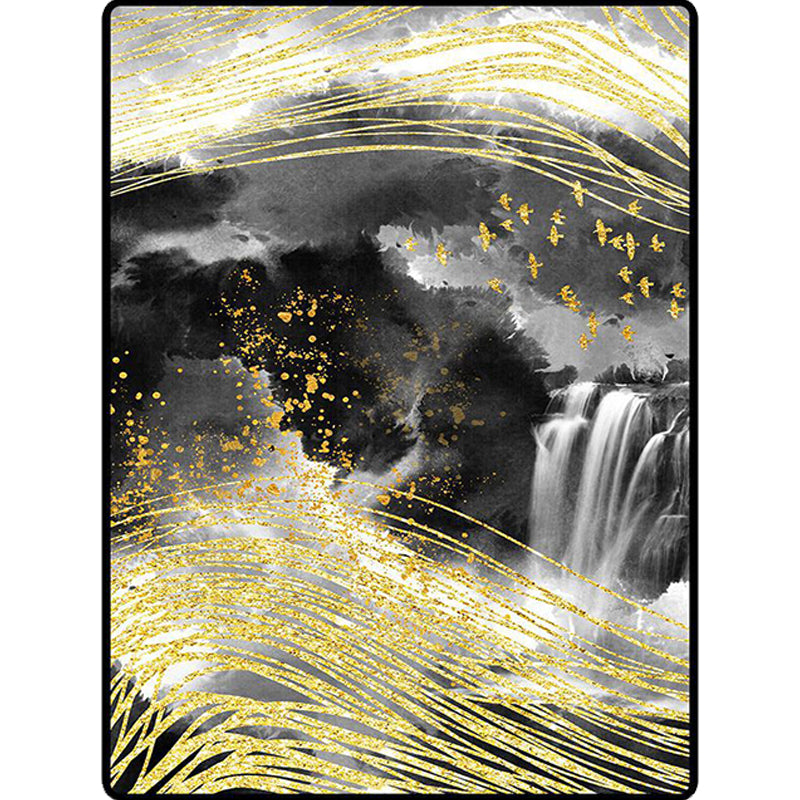 Washable Polyester Area Rug with Modern Abstract Bird Design in Black and White
