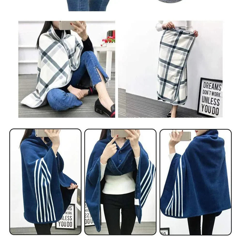 Portable Fleece Blanket Poncho & Scarf Set | Soft, Warm, Stylish Checkered Design
