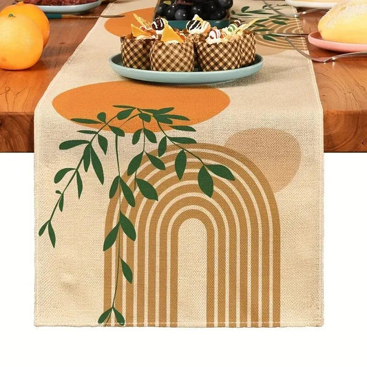 Boho Style Table Runner with Linen Look & Plant Pattern | 13×72 in