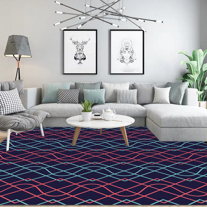 Washable Polyester Carpet with Modern Geometric Diamond Curves Design