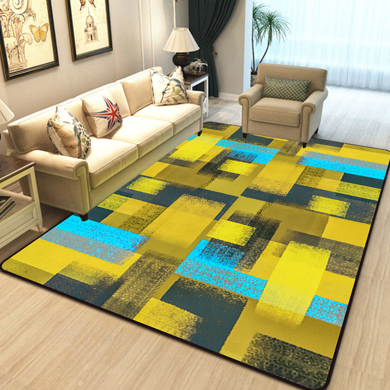 Modern Abstract Area Rug with Black and Yellow Design – Washable Polyester
