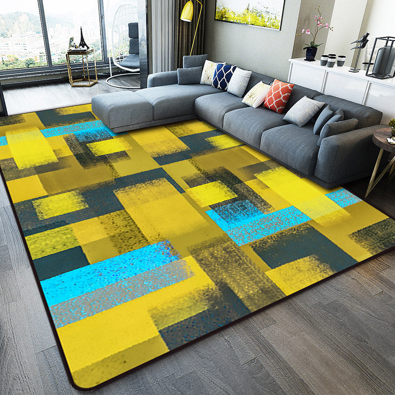 Modern Abstract Area Rug with Black and Yellow Design – Washable Polyester