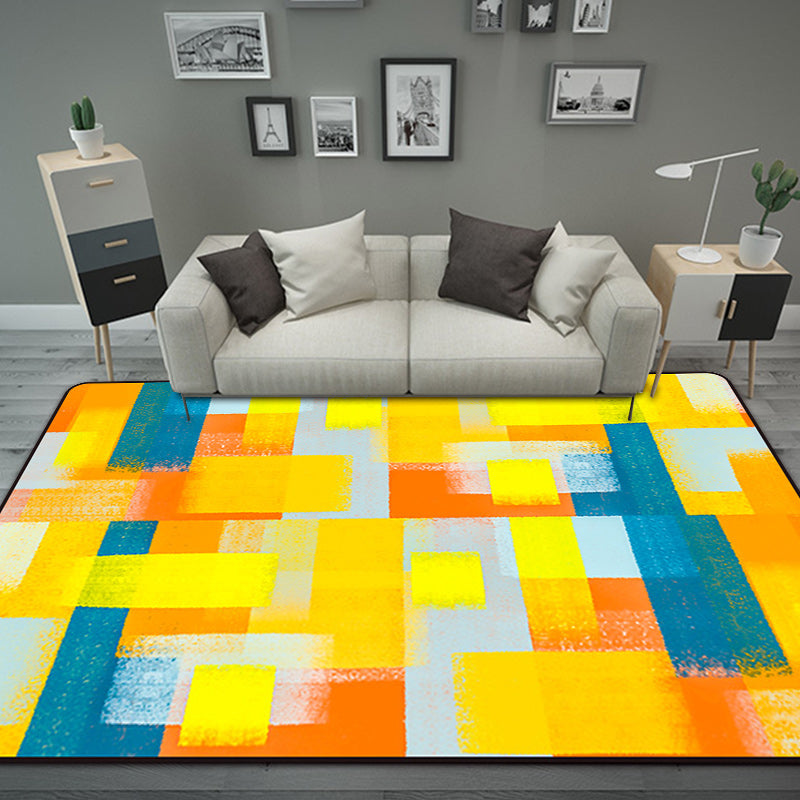 Modern Abstract Area Rug with Black and Yellow Design – Washable Polyester