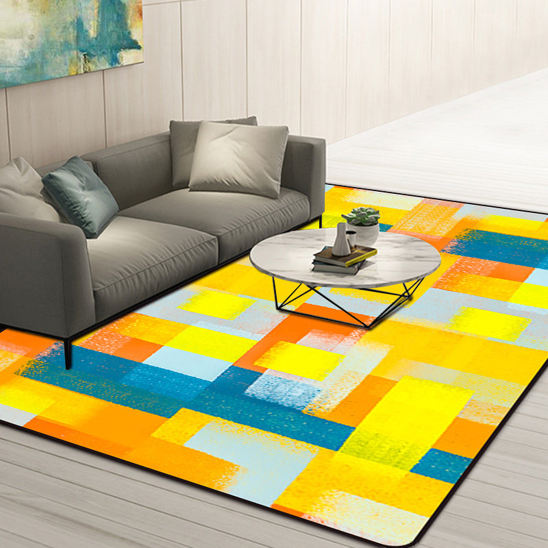 Modern Abstract Area Rug with Black and Yellow Design – Washable Polyester