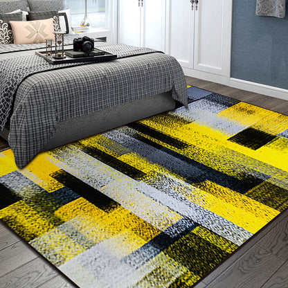 Modern Abstract Area Rug with Black and Yellow Design – Washable Polyester