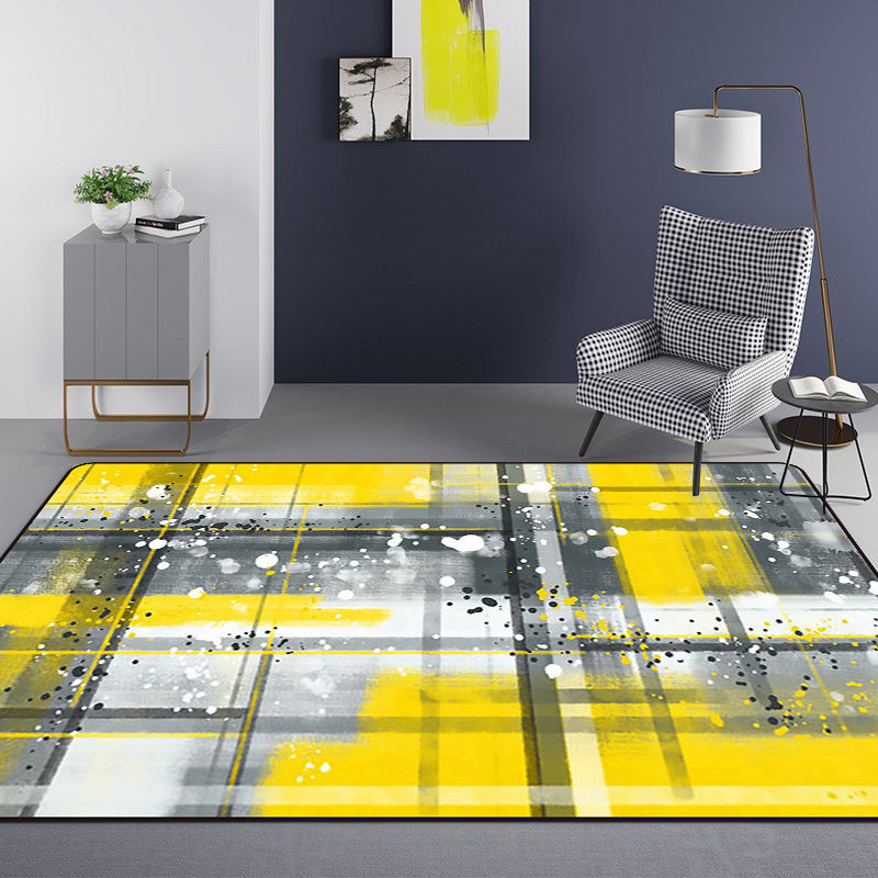 Modern Abstract Area Rug with Black and Yellow Design – Washable Polyester