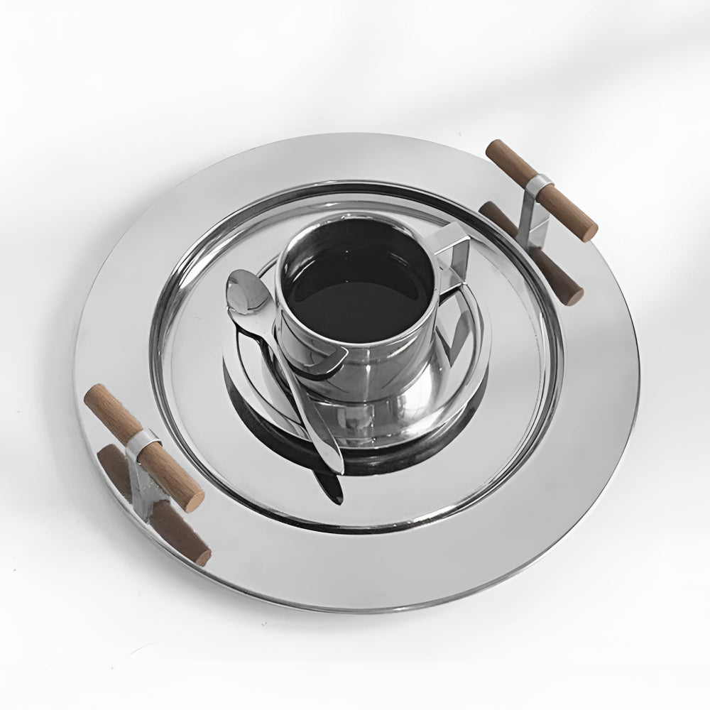 Stylish Round Serving Tray with Wooden Grip Handles