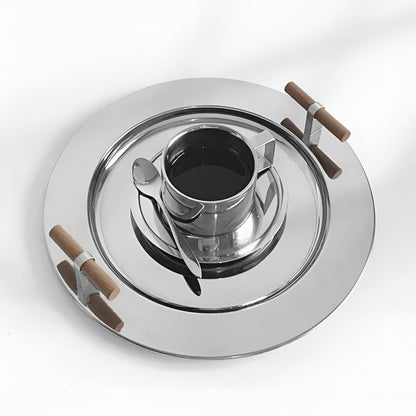 Stylish Round Serving Tray with Wooden Grip Handles