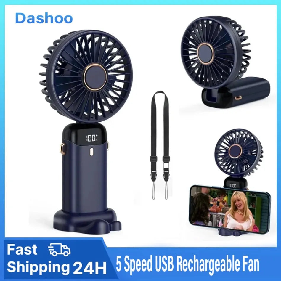 Compact Fan with 5 Speed Settings | 3000 mAh Rechargeable Battery | Foldable Design with LED Display