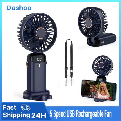 Compact Fan with 5 Speed Settings | 3000 mAh Rechargeable Battery | Foldable Design with LED Display
