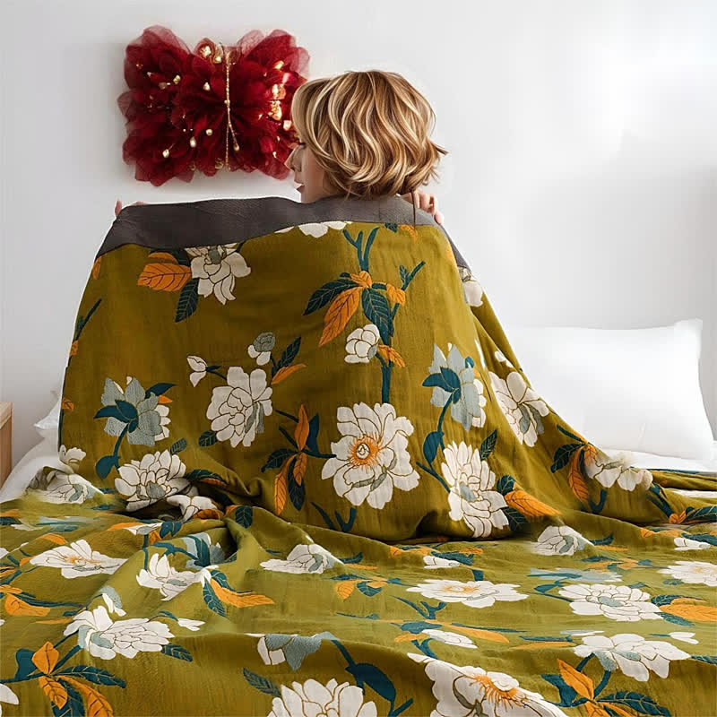 Printed Cotton Blanket with Olive Blossom Design