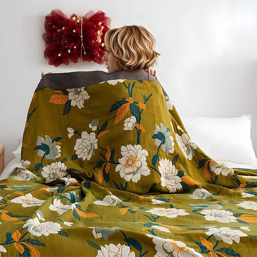 Printed Cotton Blanket with Olive Blossom Design