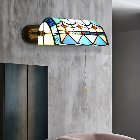 Mediterranean Stained Glass Wall Lamp with Pull Chain, Blue, 1 Light