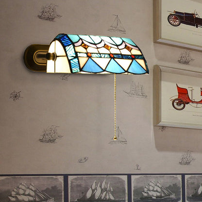 Mediterranean Stained Glass Wall Lamp with Pull Chain, Blue, 1 Light