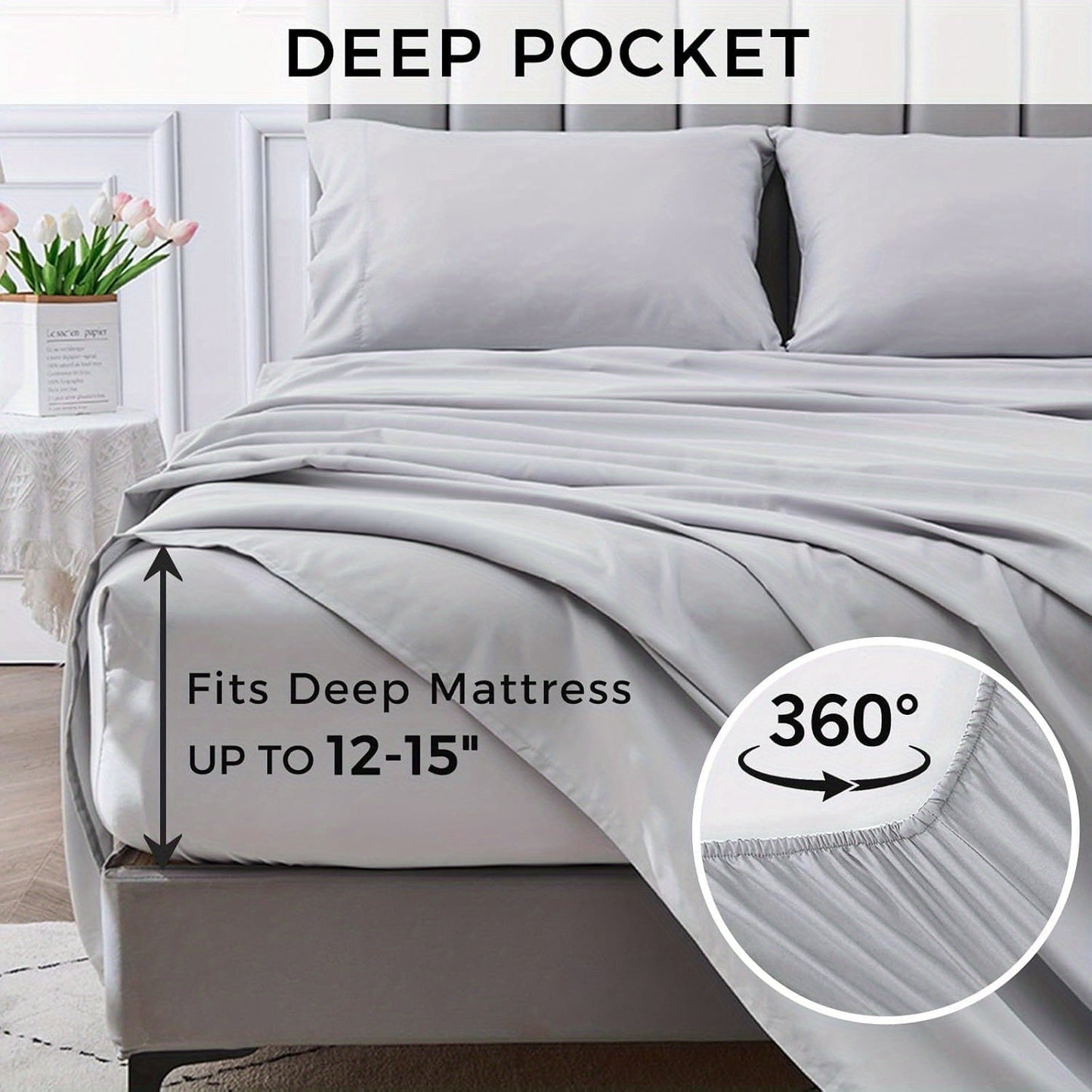 Queen Size Bed Sheet Set - 4 Pieces, Soft Cooling, 14" Deep Pocket, Fade & Shrink Resistant