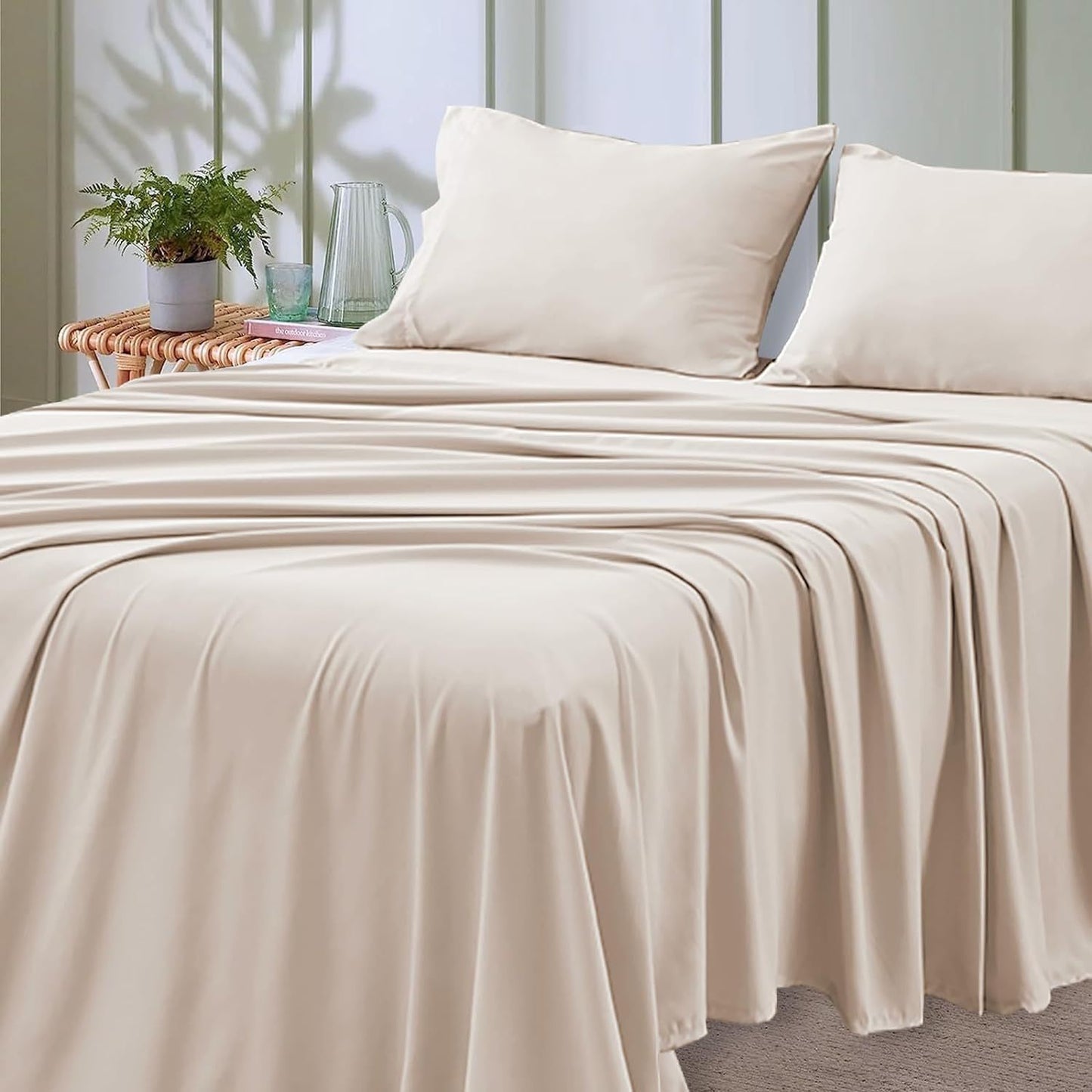 Queen Size Bed Sheet Set - 4 Pieces, Soft Cooling, 14" Deep Pocket, Fade & Shrink Resistant