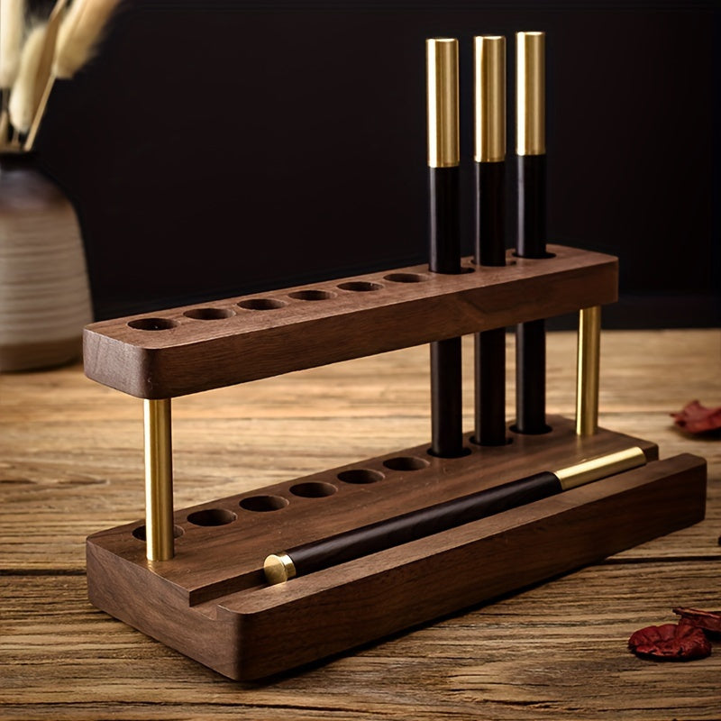 Solid Walnut Desk Organizer with Brass Accents – Elegant Office Storage