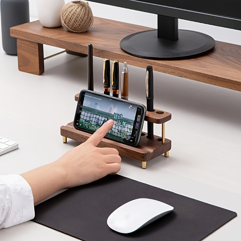 Solid Walnut Desk Organizer with Brass Accents – Elegant Office Storage