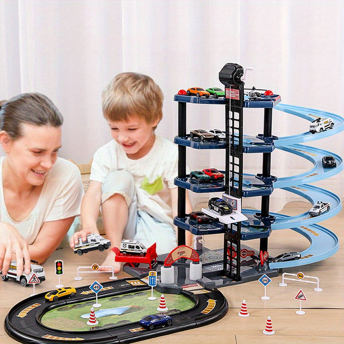 Multi-Level Fire Station Playset with Fire Truck and Traffic Signs for Kids