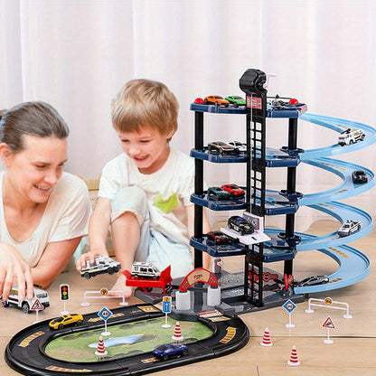 Multi-Level Fire Station Playset with Fire Truck and Traffic Signs for Kids