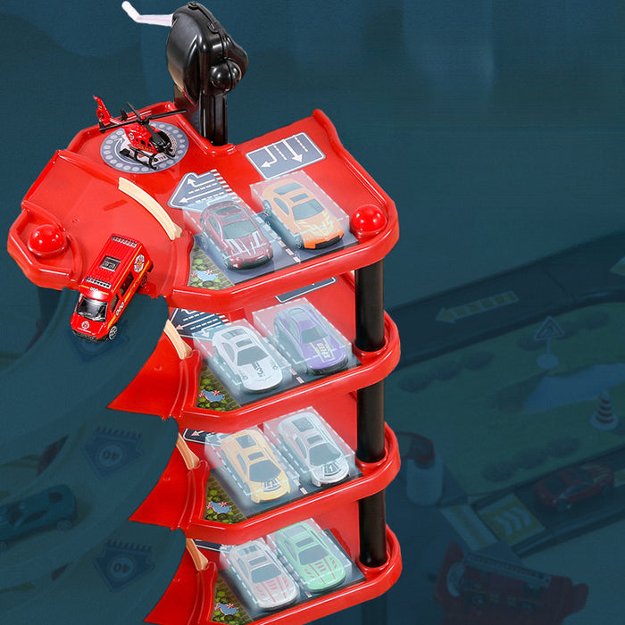 Multi-Level Fire Station Playset with Fire Truck and Traffic Signs for Kids