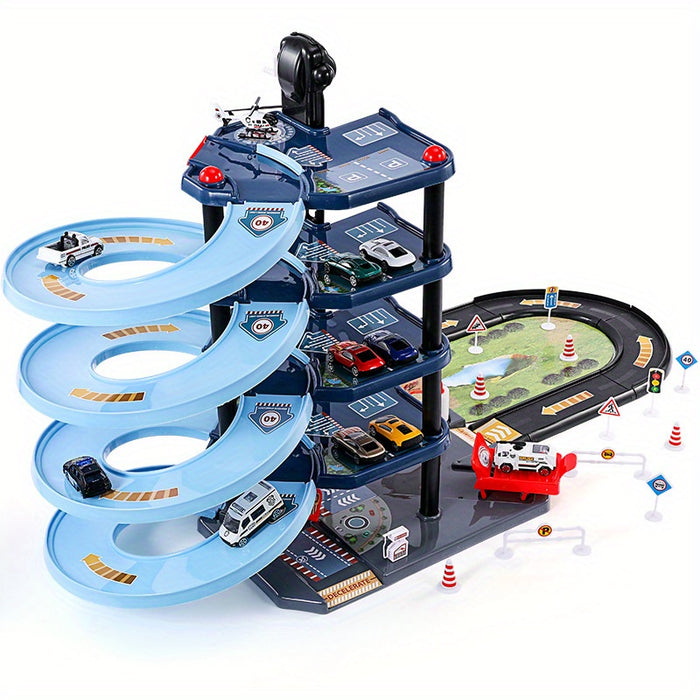 Multi-Level Fire Station Playset with Fire Truck and Traffic Signs for Kids
