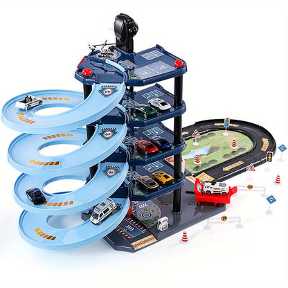 Multi-Level Fire Station Playset with Fire Truck and Traffic Signs for Kids