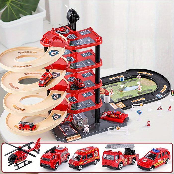 Multi-Level Fire Station Playset with Fire Truck and Traffic Signs for Kids