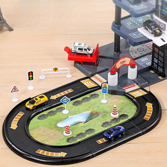 Multi-Level Fire Station Playset with Fire Truck and Traffic Signs for Kids