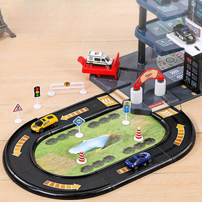 Multi-Level Fire Station Playset with Fire Truck and Traffic Signs for Kids