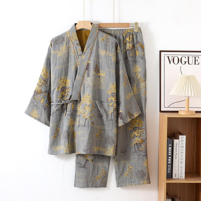 Cotton Pajama Set with Neutral Landscape Kimono Design