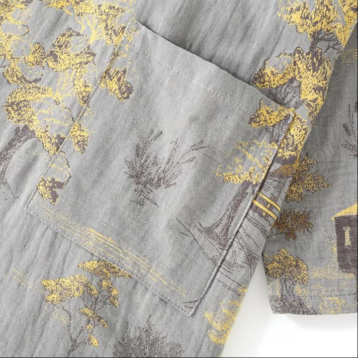 Cotton Pajama Set with Neutral Landscape Kimono Design