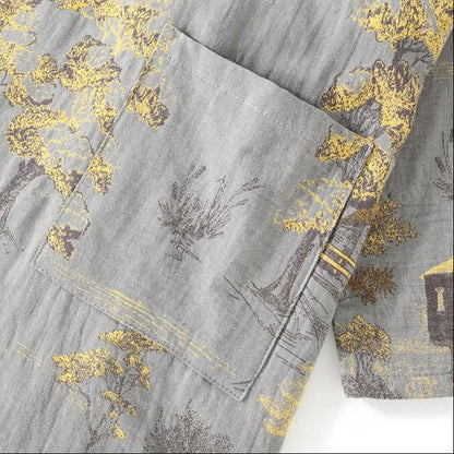 Cotton Pajama Set with Neutral Landscape Kimono Design