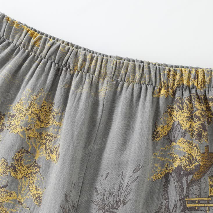 Cotton Pajama Set with Neutral Landscape Kimono Design