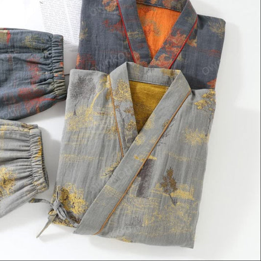 Cotton Pajama Set with Neutral Landscape Kimono Design