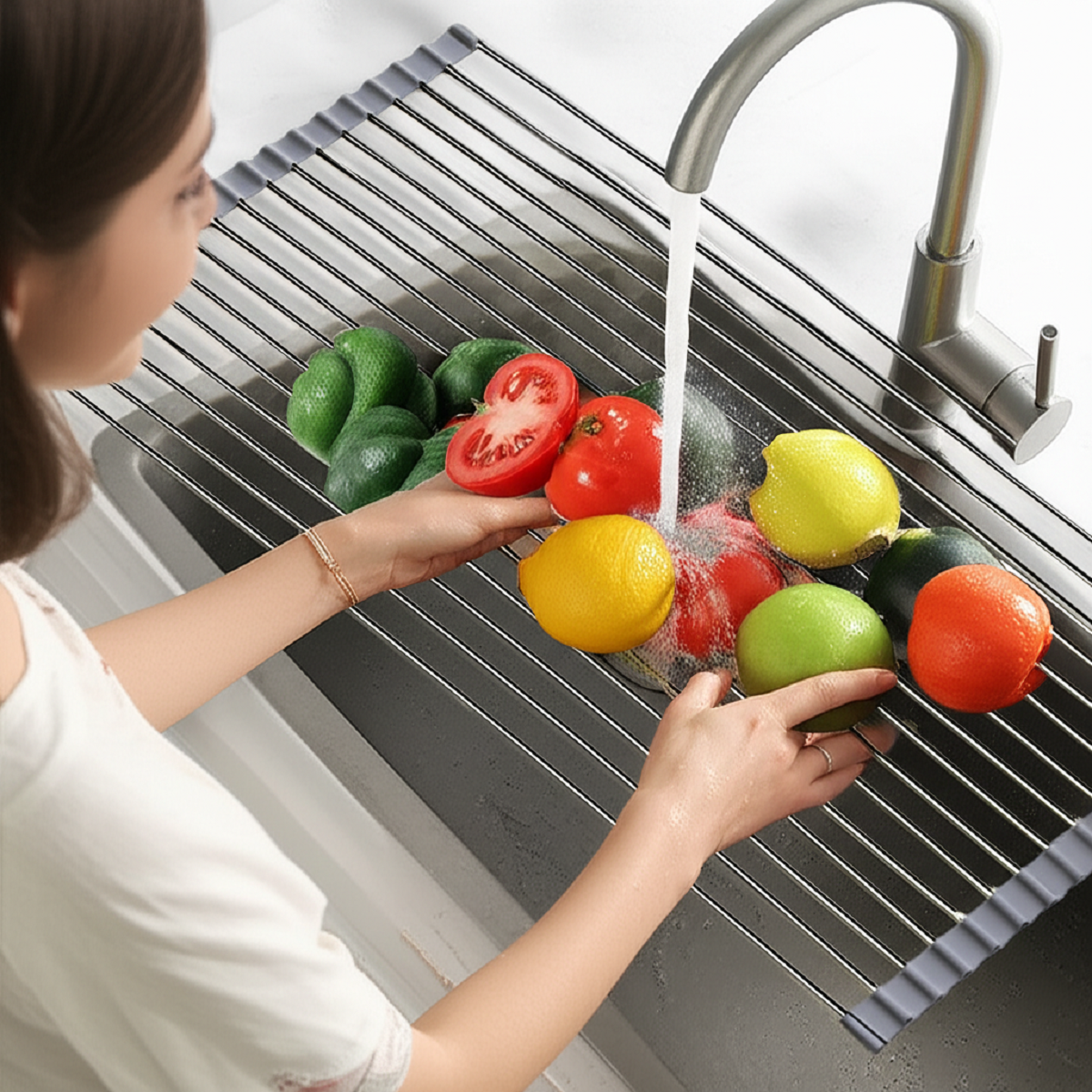Heat-Resistant Roll-Up Dish Drying Mat with Folding Stainless Steel Rack