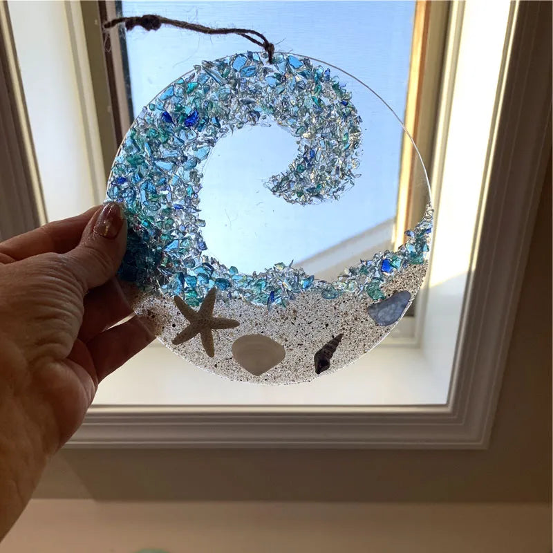 Ocean Wave Sun Catcher - Beach Decor with Sea Glass Design