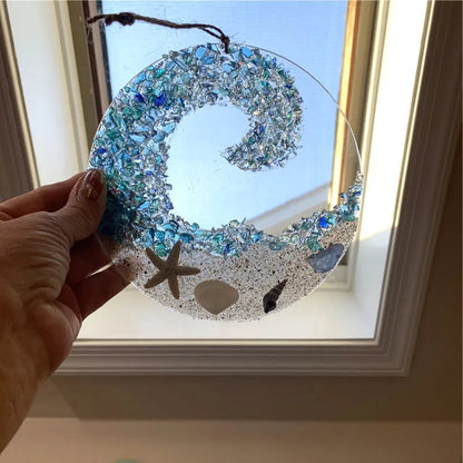 Ocean Wave Sun Catcher - Beach Decor with Sea Glass Design