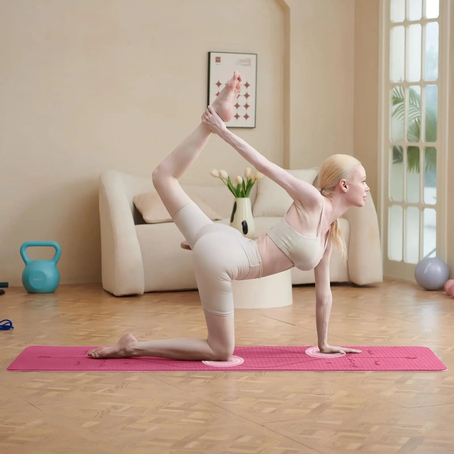 Non-Slip Pilates and Fitness Mat | Skin-Friendly TPE | 183 × 61 × 0.6 cm | With Alignment Lines