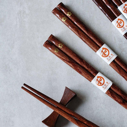 Wooden Chopstick Set with Golden Cherry Blossom Design