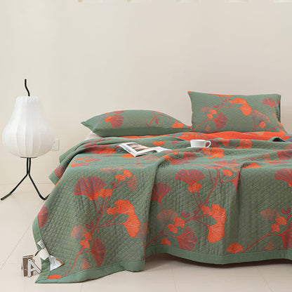 Reversible Cotton Blanket with Orange Ginkgo Leaf Design