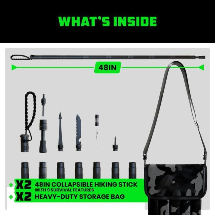 Aluminum Trekking Pole with Survival Tools | Adjustable Up to 106 cm | Shock-Absorbing Tip | Includes Camouflage Carry Bag