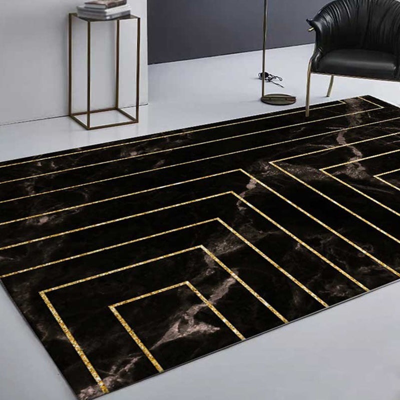 Washable Polyester Carpet with Black Marble Design and Stripes, Non-Slip Backing
